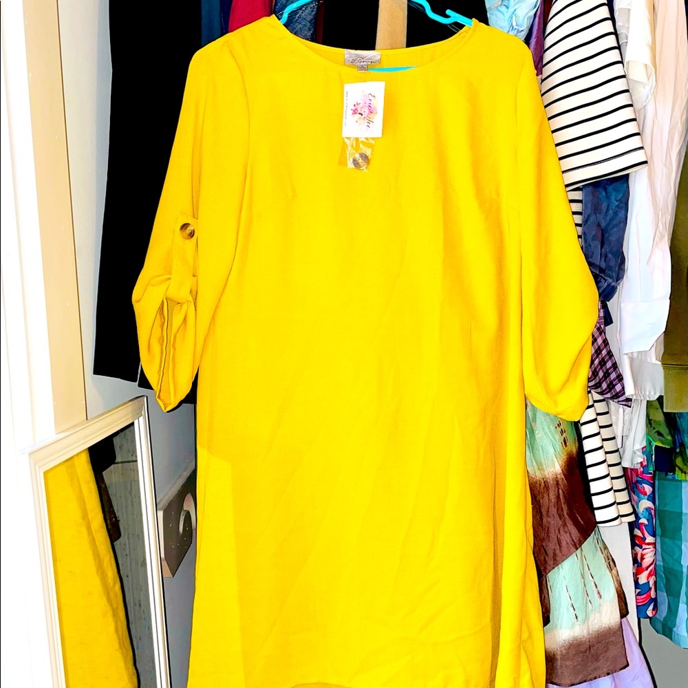 Blu Heaven mustard yellow tunic shirt elbow length sleeves high low hem buttons